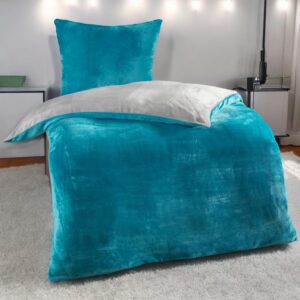 DreamHome Winter Wende Plüsch Bettwäsche Grau-Petrol + Kissenbezug 80x80 für Entspannung im Winter + Cashmere Touch + Co
