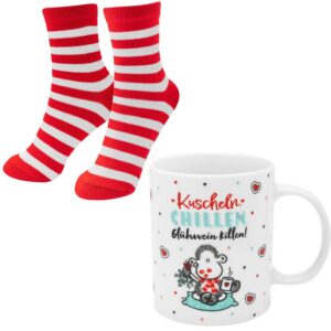 Sheepworld Geschenkset Motiv Chillen Tasse-Socken-Set Porzellan | Weihnachten Damensocken Größe 36-40 | Weihnachtsgesche