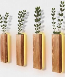 4er Set Holz Wandvasen mit LED Lichtern – Hängende Wandpflanzgefäße für Heimdekoration & Trockenblumen