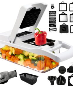 23 in 1 Gemüseschneider mit 12 Edelstahlklingen & Handschuhen | Würfelschneider Zwiebelschneider für Gemüse Obst Karotte