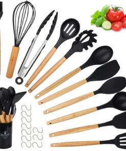 Küchenhelfer Set Silikon Antihaft 22-teilig Schwarz für Küchennovize mit Spülmaschinenfestem Holzgriff