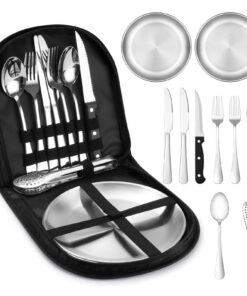 Penobon Camping Geschirr Set für 2 Personen - Edelstahl Tragbares Campingbesteck für Picknick und Reisen - 10 Stücks Set