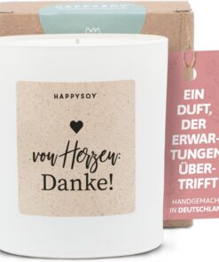 Kerze Dankeschön Geschenke - Handgemachte Duftkerze mit Spruch - Geschenkidee für Dankesagen Sojawachs - Weiß