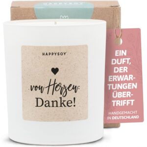 Kerze Dankeschön Geschenke - Handgemachte Duftkerze mit Spruch - Geschenkidee für Dankesagen Sojawachs - Weiß