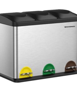 SONGMICS Mülltrennsystem Küche, 45 Liter Tretmülleimer, 3 × 15 Liter, metallsilber-tintenschwarz LTB45L