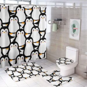 Pinguin 4pcs Wasserabdichtende DuschvorhangSet Winterhumor Mütterchenpinguin Wasserabdichtendes WC-Deckelbadvorleger 183
