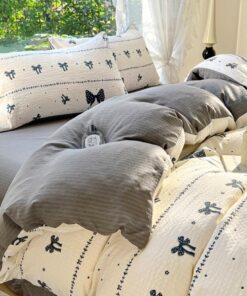Nayoroom Schwarz Schleifen Blumenweise Gestreift Bettwäsche 3teilig Wendebett Mikrofaser