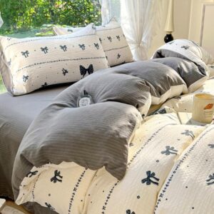 Nayoroom Schwarz Schleifen Blumenweise Gestreift Bettwäsche 3teilig Wendebett Mikrofaser