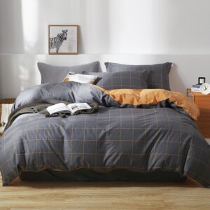 SAPHREAS 200x220 cm Grau Bettwäsche Set Baumwolle | Kuschelig & Modern für den Schlaf Grau Orange Karo + Reißverschluss
