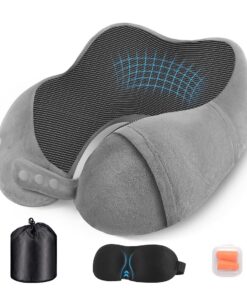 Hochwertiges Memory Foam Nackenkissen Flugzeug – Komplettset mit Schlafmaske, Ohrstöpseln & Tasche (Grau)