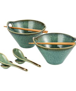 HENXFEN Ramen Schüssel Set Keramik 2er 780ml Glänzend Grün mit Essstäbchen Löffel