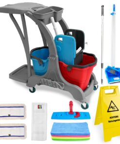 Hypafol Putzwagen Reinigungswagen Set | 2 x 25 l Eimer mit Wischmopp-Presse & Kehrgarnitur | Baumwoll Wischmopp und Mikr