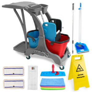 Hypafol Putzwagen Reinigungswagen Set | 2 x 25 l Eimer mit Wischmopp-Presse & Kehrgarnitur | Baumwoll Wischmopp und Mikr