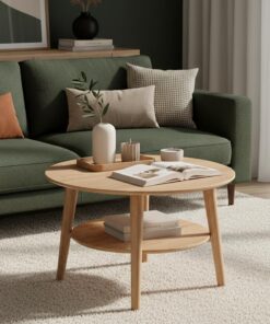 Mjölnir Couchtisch rund Ø70 cm – Wohnzimmertisch aus Eiche Massivholz Natur geölt – Sofatisch mit 2 Ablagenkleiner Beist