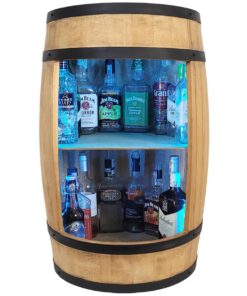 Whyskyregal Whyskygeschenke LED RGB Beleuchtung Fassbar Holzfass Möbel - Weinfass mit Einlegeboden Ablagen für Weinflasc