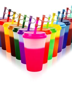 Patinao 14 Stück Trinkbecher mit Strohhalm & Deckel - Farbwechselbecher & Eiskaffee Tassen für Kinder & Erwachsene - 350