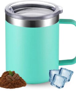 Kaffeebecher to Go Minzgrün, Edelstahl 12oz Thermotasse Isoliert Reisegeschirr mit Deckel und Henkel