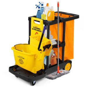 Reinigungswagen Gewerbe 3 Ebenen Müllsack und Rollen Schwarz + Gelb 113 x 56 x 93 cm