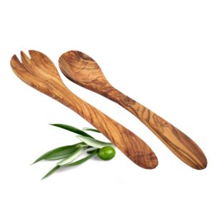 Amrami® Salatbesteck aus Olivenholz - 2-teiliges Set mit Gabel & Löffel, 30 cm - Handgefertigt, antibakteriell & nachhal