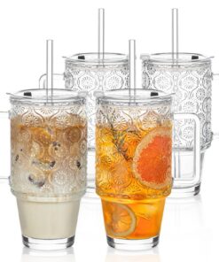 KEMORELA Glasbecher mit Strohhalmen und Deckel, Kaltgetränke-Tassen mit Begonien-Muster, wiederverwendbar, Carbonfree Ce