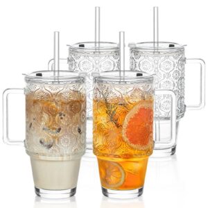KEMORELA Glasbecher mit Strohhalmen und Deckel, Kaltgetränke-Tassen mit Begonien-Muster, wiederverwendbar, Carbonfree Ce