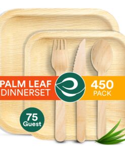 ECO SOUL 100% Compostable Palm Leaf Dinnerware Set für Umweltbewusste [10" & 6" Viereck-Teller, 75 Stück pro Set | Gabel