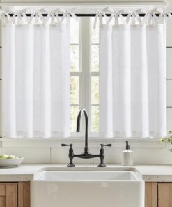 Vangao Scheibengardinen Weiß Modern Küchengardinen für Balkontür Leinenoptik 2er Set 65Bx60Hcm Küchengardinen mit Bindeb