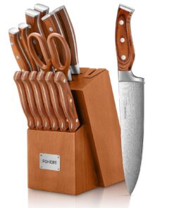 **FOHERE Küchenmesser Set mit Holzblock und Integriertem Schärfer, 14 Teile, Edelstahl, Braun - Professionelles Messerb