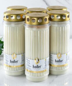 6er Set HOFER Trauerkerzen Dauerbrenner Elegance [weiß] | bis zu 10 Tagen Brenndauer | Friedhofskerze mit Deckel | Kerze