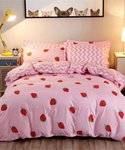 Freyamy Kinder Bettwäsche Rosa Rot Erdbeere Herzen 135x200cm Microfaser Weiche Bettwäsche-Sets