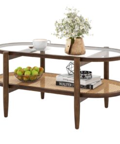 Costway Couchtisch, Glas Tischplatte & Rattan Ablage, ideal für Wohnzimmerszenen & Büros, perfekter Kaffeetisch, 102 x 5