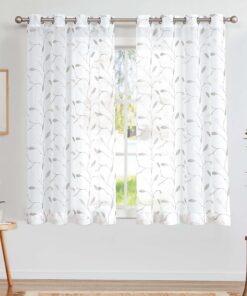 TOPICK Transparente Vorhänge mit Blättern Stickerei für Wohnzimmer und Schlafzimmer - OEKO-TEX Standard 100 Grau auf Wei