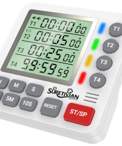 Digitaler 4-Kanal Küchentimer mit großer LCD-Anzeige Magnetisch für Kochen Backen inkl. Batterien (Weiß & Grau)