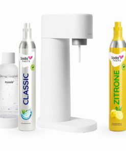Sparpaket Mysoda Woody Wassersprudler - erneuerbares Holzkomposit, BPA-frei, CO2-Zylinder Classic & Zitrone (Weiß) Mys