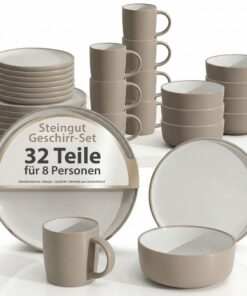 Hausfelder Geschirrset 8 Personen 32-teilig Steingut Spülmaschinenfest Modern Beige