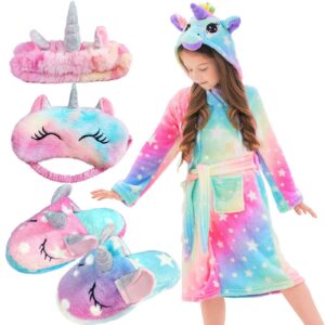 POWZOO Kinder Bademantel Flanell Mit Kapuze - Sanft Einhorn Nachtwäsche, Geschenke für Mädchen (100-130 cm)