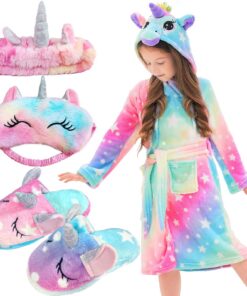 POWZOO Kinder Bademantel Flanell Mit Kapuze - Sanft Einhorn Nachtwäsche, Geschenke für Mädchen (100-130 cm)