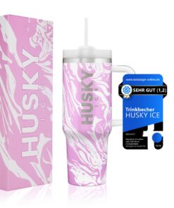 HUSKY ICE Thermobecher Pink bemustert - 24h Eiskalt, Strohhalm und Griff - 1,2 Liter Tumbler Cup - Isolierbecher & Therm