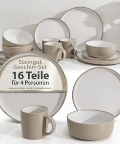 Hausfelder Steingut Geschirrset 4 Personen 16teilig - Mikrowellenfest & Spülmaschinenfest