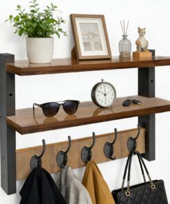 Holz Wandgarderobe mit 2 Ablagen 5 Metallhaken Retro 41x29x12cm für Flur Wohnzimmer