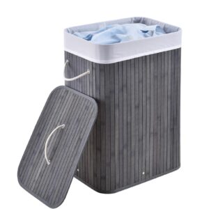 Juskys Hygienischer Bambus Wäschekorb Curly Grau 72L | Juskys Faltbarer Wäschekorb Curly Grau 72L mit Deckel und Trageg