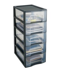SUNDIS Tag Tower grau 5 transparente Schubladen A4 Größe Bücher Kurse Dokumente Zubehör Aufbewahrung 61 cm