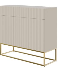 Selsey Kommode Schrank - 100 cm Aufbewahrungsschranke Mit 2 Schubladen & 2 Türen, Graubeige Mit Goldenen Beinen Veldio
