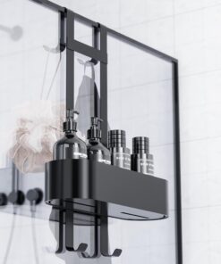 Aikzik Edelstahl Duschablage zum Hängen - Glas und Shampoo Regal für Dusche ohne Bohren mit 4 Haken (Schwarz) Aikzik S