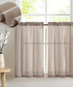 Vangao Leinenoptik Scheibengardinen für Küche Braun 2er Set 65Bx60Hcm Küchengardinen mit Stangendurchzug für Wohnwagen L