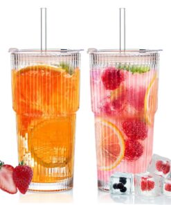 Rliocvhe 600ml Luftdichtes Glasbecher Set mit Deckel und Strohhalm, Trinkgläser für Kaffee, Smoothie und Matcha, luftdic