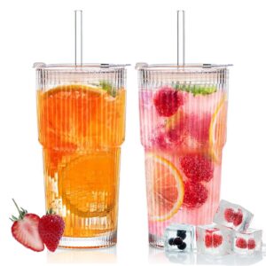 Rliocvhe 600ml Luftdichtes Glasbecher Set mit Deckel und Strohhalm, Trinkgläser für Kaffee, Smoothie und Matcha, luftdic