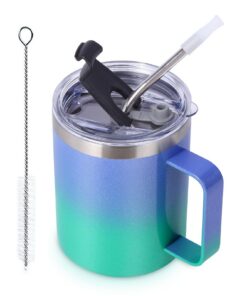 Volhoply Doppelwandige 350ml Edelstahl Kaffeetasse,Violett Grün,12oz Isolierte ReiseBecher mit Griff & Strohhalmdeckel