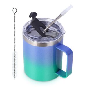 Volhoply Doppelwandige 350ml Edelstahl Kaffeetasse,Violett Grün,12oz Isolierte ReiseBecher mit Griff & Strohhalmdeckel