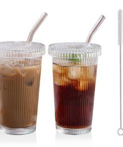 Noxtioanip 2 Stück Glasbecher mit Deckel und Strohhalm – Eiskaffee Gläser für Cappuccino, Latte, Tee – 380ml Trinkbecher